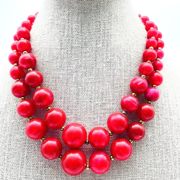 Vintage Red Beaded Necklace Double Strand Graduated Beads Adjustable Retro - Picture 1 of 7